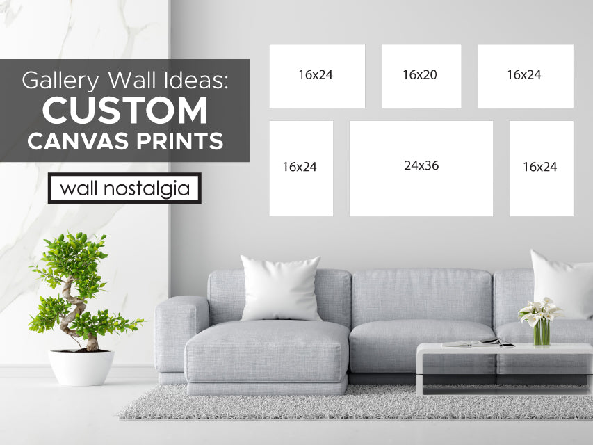 Gallery wall ideas and gallery wall layouts using custom canvas prints from Wall Nostalgia which is a custom printing company in Canada