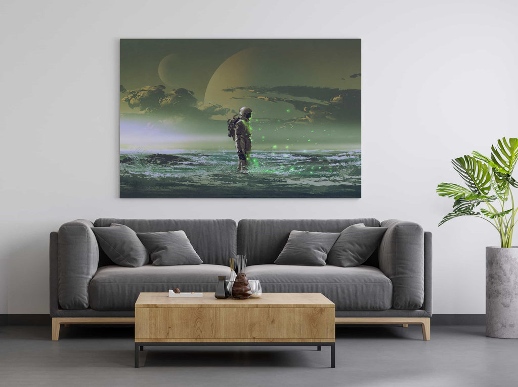 Green Galaxy Astronaut Print | Astronaut Canvas wall art print by Wall Nostalgia. FREE SHIPPING on all orders. Custom Canvas Prints, Made in Calgary, Canada, Large canvas print, framed canvas prints, Astronaut Print Canvas Wall Art, Space print, Space wall art, Astronaut wall art, Astronaut canvas, Astronaut wall decor