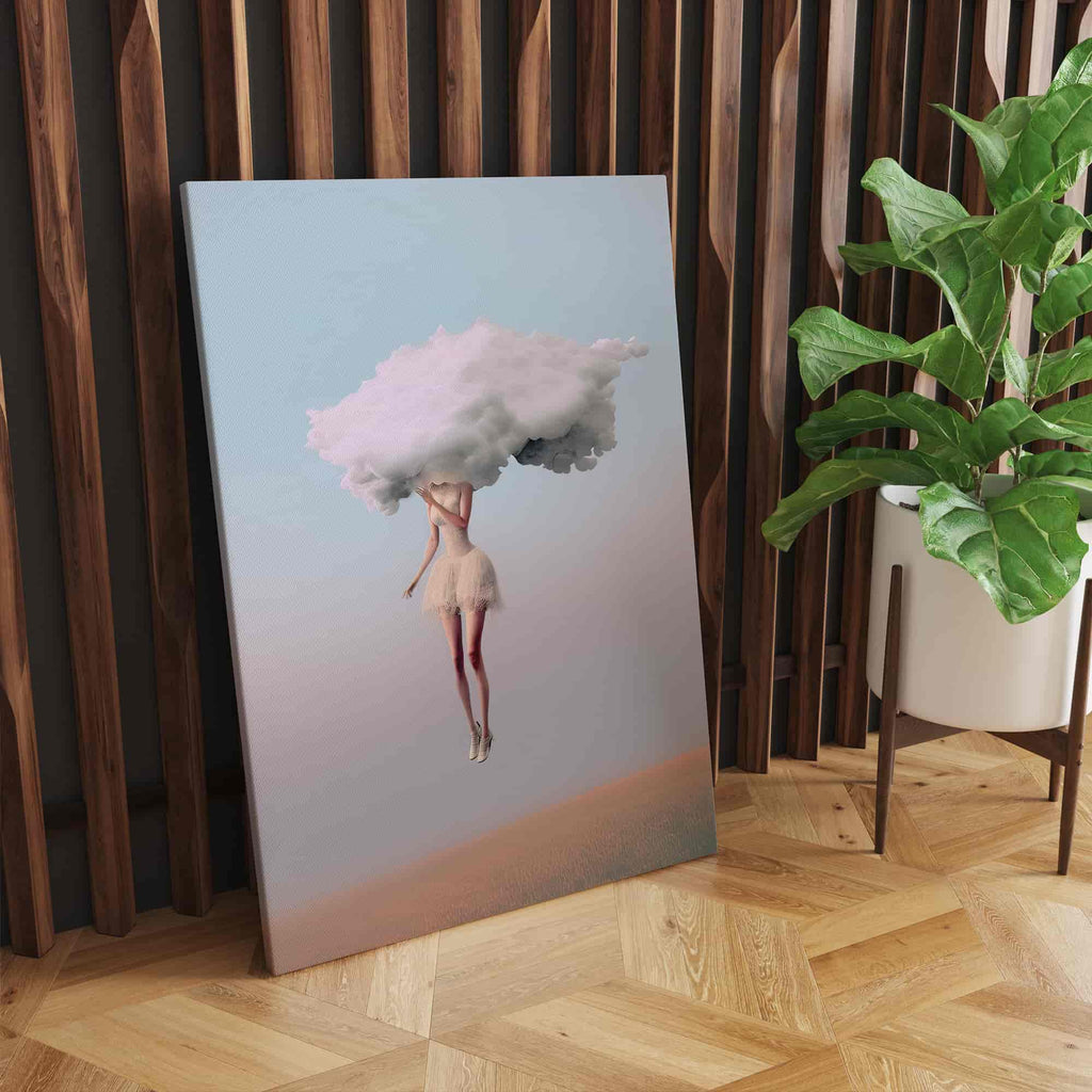 Head in the Clouds Canvas Print | Canvas wall art print by Wall Nostalgia. Custom Canvas Prints, Made in Calgary, Canada | Large canvas prints, framed canvas prints, Head in the Clouds Canvas Wall Art Print | Head in the Clouds Print, Feminine Wall Art, Surreal Art Print, Girly Wall Art, Trendy Wall Art, Surreal Art