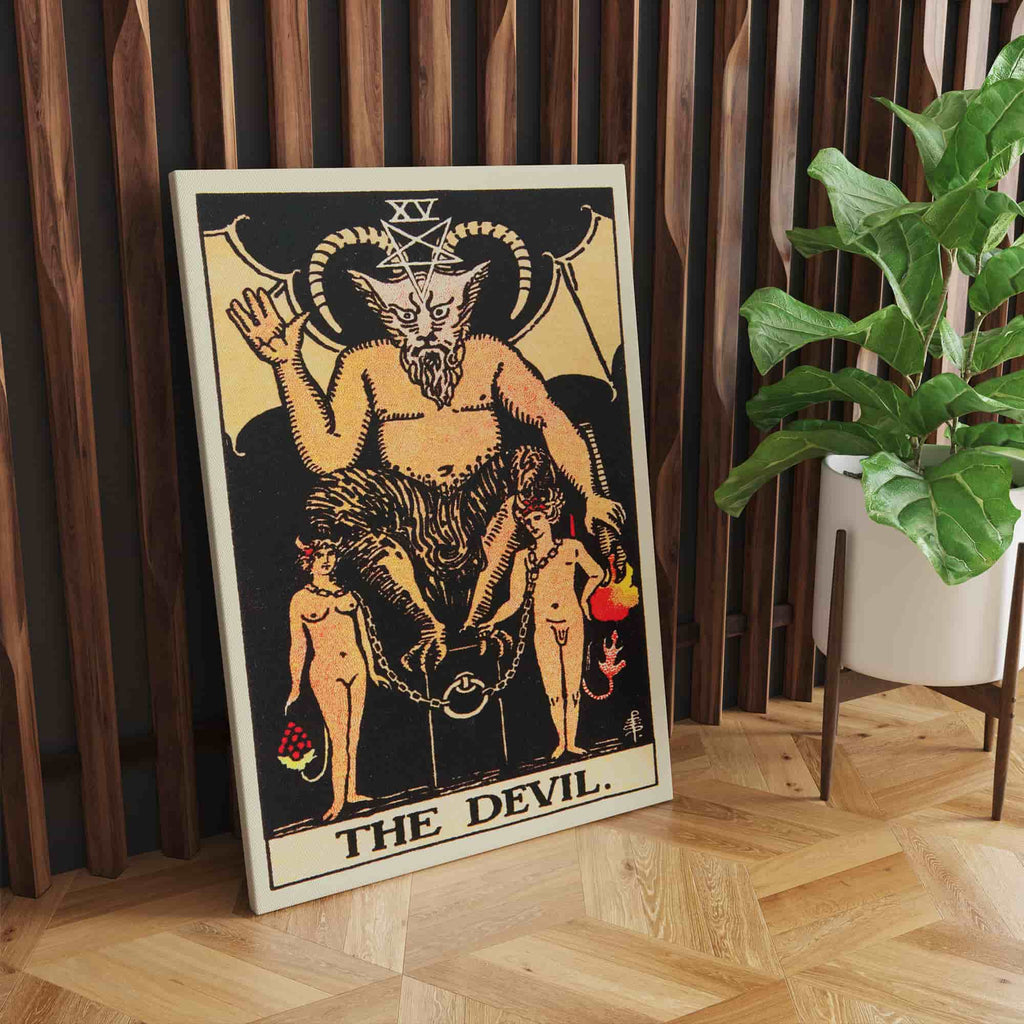 The Devil Tarot Card Canvas Print | Canvas wall art prints by Wall Nostalgia. Custom canvas prints made in Calgary, canvas wall art canada, tarot cards printing Canada, the devil tarot card art prints, tarot card canvas art, devil tarot card art, tarot cards canada, tarot card pictures, canvas prints Canada, tarot deck