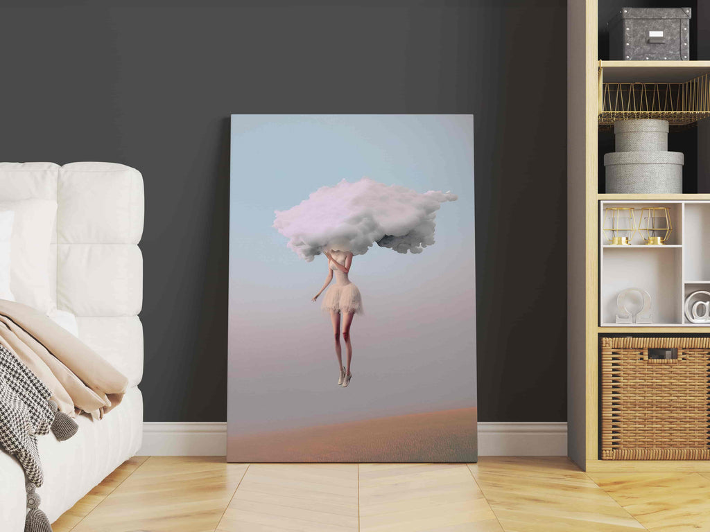 Head in the Clouds Canvas Print | Canvas wall art print by Wall Nostalgia. Custom Canvas Prints, Made in Calgary, Canada | Large canvas prints, framed canvas prints, Head in the Clouds Canvas Wall Art Print | Head in the Clouds Print, Feminine Wall Art, Surreal Art Print, Girly Wall Art, Trendy Wall Art, Surreal Art