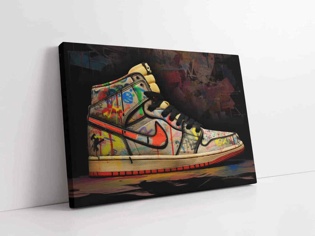 Graffiti Sneaker Canvas Print | Canvas wall art print by Wall Nostalgia. Custom Canvas Prints, Made in Calgary, Canada | Large canvas prints, canvas prints, graffiti wall art canvas, graffiti canvas art, sneaker canvas art, sneaker canvas painting, sneaker art prints, sneaker wall art, sneakerhead gifts, air jordans