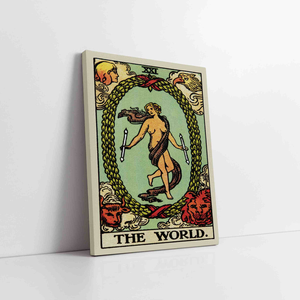 The World Tarot Card Canvas Print | Canvas wall art prints by Wall Nostalgia. Custom canvas prints made in Calgary, canvas wall art canada, tarot cards printing Canada, the world tarot card art prints, world tarot card canvas art, the world tarot card art, tarot cards canada, tarot card pictures, canvas prints Canada