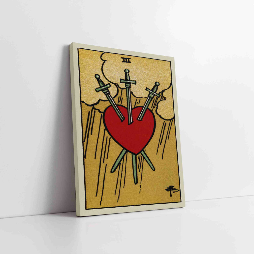 Three of Swords Tarot Card Canvas Print | Canvas wall art prints by Wall Nostalgia. Custom canvas prints made in Calgary, canvas wall art canada, tarot cards printing Canada, tarot card art prints, three of swords tarot card canvas art, tarot card art, tarot cards canada, tarot card pictures, canvas prints Canada