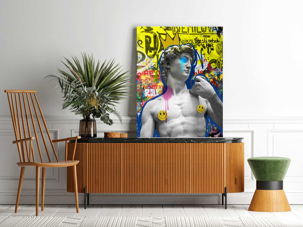 Graffiti David Statue Canvas Wall Art Print | Canvas wall art print by Wall Nostalgia. Custom Canvas Prints, Made in Calgary, Canada, Large canvas prints, framed canvas prints, Graffiti David Statue Canvas Print, Graffiti Art Print, Urban street art, Pop art statue wall art, Punk wall art, Greek Art, Pop punk art print