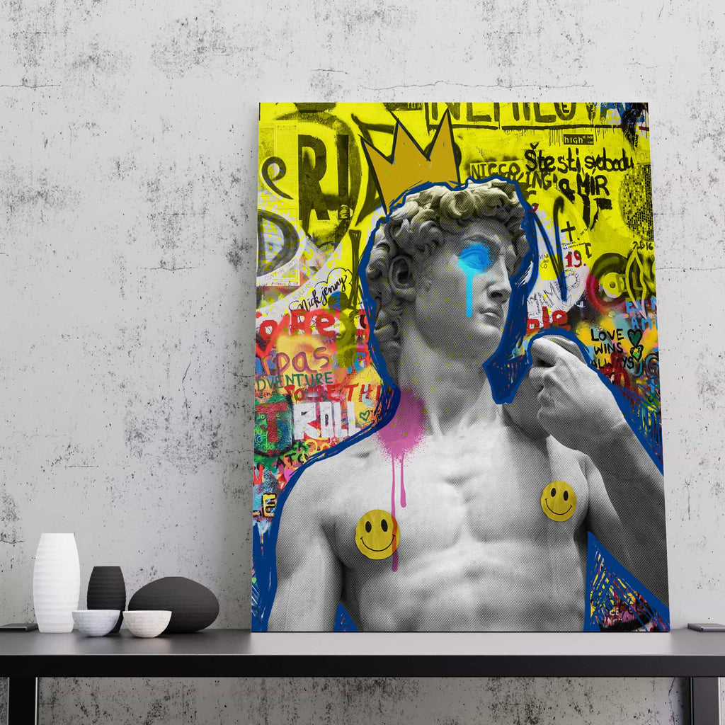 Graffiti David Statue Canvas Wall Art Print | Canvas wall art print by Wall Nostalgia. Custom Canvas Prints, Made in Calgary, Canada, Large canvas prints, framed canvas prints, Graffiti David Statue Canvas Print, Graffiti Art Print, Urban street art, Pop art statue wall art, Punk wall art, Greek Art, Pop punk art print