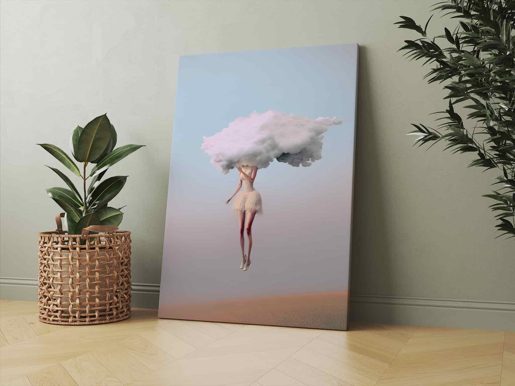 Head in the Clouds Canvas Print | Canvas wall art print by Wall Nostalgia. Custom Canvas Prints, Made in Calgary, Canada | Large canvas prints, framed canvas prints, Head in the Clouds Canvas Wall Art Print | Head in the Clouds Print, Feminine Wall Art, Surreal Art Print, Girly Wall Art, Trendy Wall Art, Surreal Art