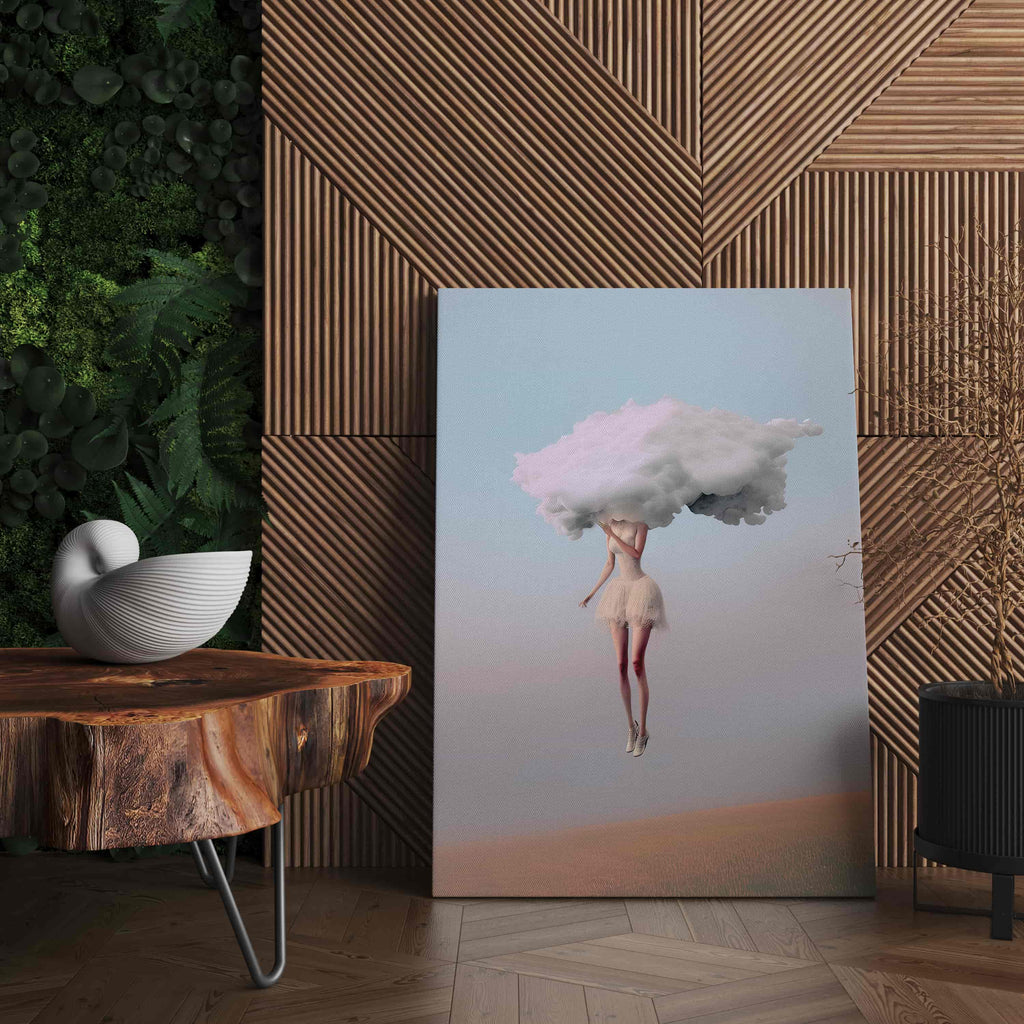 Head in the Clouds Canvas Print | Canvas wall art print by Wall Nostalgia. Custom Canvas Prints, Made in Calgary, Canada | Large canvas prints, framed canvas prints, Head in the Clouds Canvas Wall Art Print | Head in the Clouds Print, Feminine Wall Art, Surreal Art Print, Girly Wall Art, Trendy Wall Art, Surreal Art