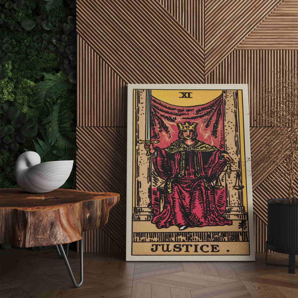 Justice Tarot Card Art Print | Canvas wall art by Wall Nostalgia. Custom Canvas Prints, Made in Calgary, Canvas wall art canada, Tarot Cards Printing Canada, Justice Tarot Card Art Prints, Tarot Card canvas art, Justice tarot card art, Tarot Cards Canada, Tarot Card Pictures, canvas prints Canada, tarot card prints