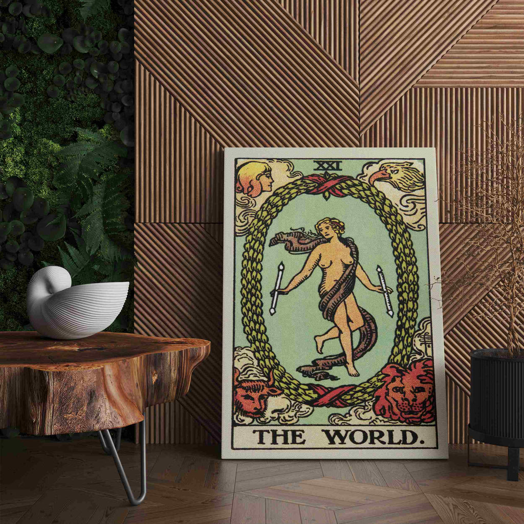 The World Tarot Card Canvas Print | Canvas wall art prints by Wall Nostalgia. Custom canvas prints made in Calgary, canvas wall art canada, tarot cards printing Canada, the world tarot card art prints, world tarot card canvas art, the world tarot card art, tarot cards canada, tarot card pictures, canvas prints Canada