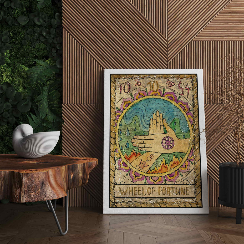 Wheel of Fortune Tarot Card Wall Art Print  | Canvas wall art print by Wall Nostalgia. Custom Canvas Prints, Made in Calgary, Canada | Large canvas prints, framed canvas prints, Wheel of Fortune Tarot Card Canvas Art Print | Tarot Card Print, Tarot Card Canvas, Tarot Card Wall Print, Wheel of Fortune Tarot Canvas Art