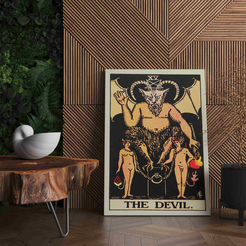 The Devil Tarot Card Canvas Print | Canvas wall art prints by Wall Nostalgia. Custom canvas prints made in Calgary, canvas wall art canada, tarot cards printing Canada, the devil tarot card art prints, tarot card canvas art, devil tarot card art, tarot cards canada, tarot card pictures, canvas prints Canada, tarot deck