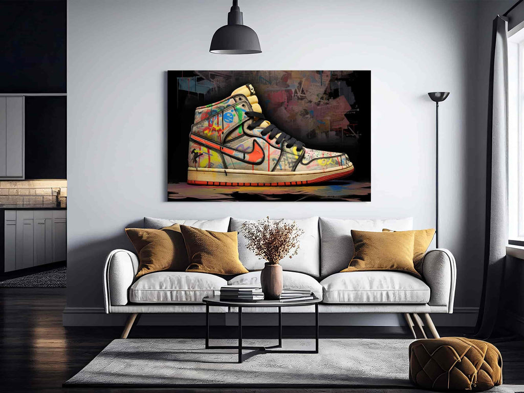 Graffiti Sneaker Canvas Print | Canvas wall art print by Wall Nostalgia. Custom Canvas Prints, Made in Calgary, Canada | Large canvas prints, canvas prints, graffiti wall art canvas, graffiti canvas art, sneaker canvas art, sneaker canvas painting, sneaker art prints, sneaker wall art, sneakerhead gifts, air jordans