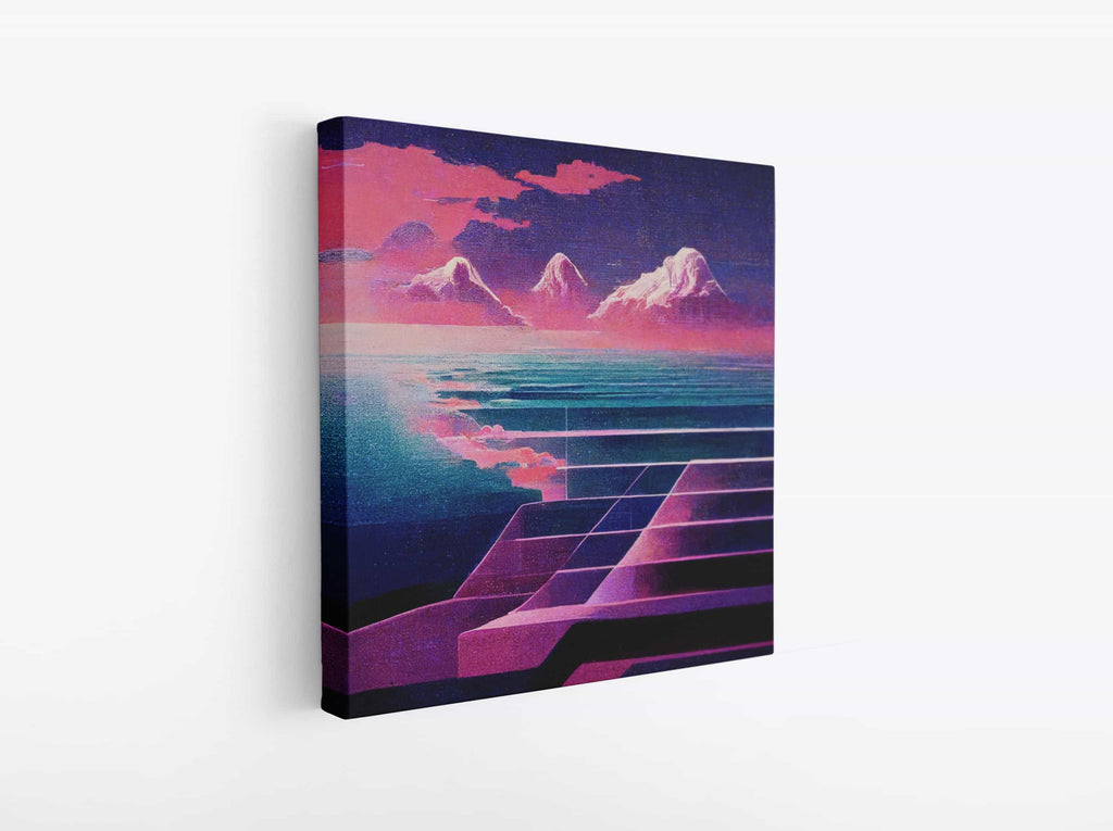 Futuristic Vaporwave Square Canvas Print | Canvas wall art print by Wall Nostalgia. Custom Canvas Prints, Made in Calgary, Canada | Large canvas prints, canvas wall art canada, canvas prints canada, canvas art canada, synthwave aestehetic, retrowave art, retrowave aesthetic, vaporwave art, vaporwave aesthetic art print