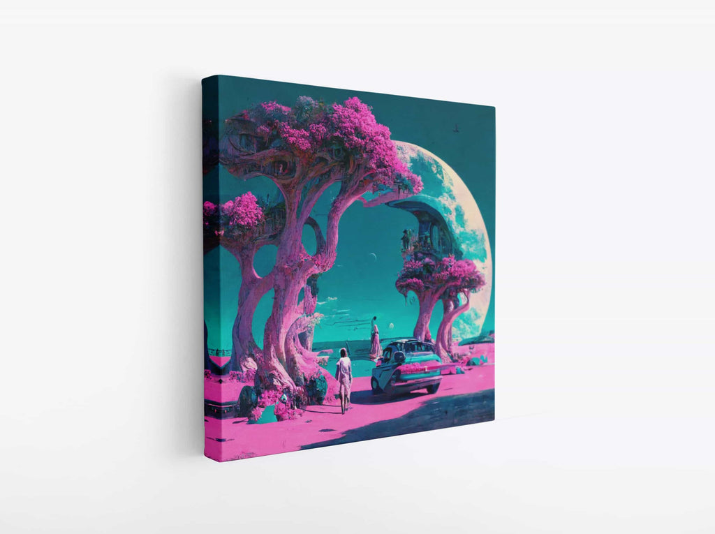 Sci Fi Synthwave Moon Square Canvas Art Print | Canvas wall art print by Wall Nostalgia. Custom Canvas Prints, Made in Calgary, Canada | Large canvas prints, canvas wall art canada, canvas prints canada, canvas art canada, synthwave aestehetic, retrowave art, retrowave aesthetic, vaporwave art, vaporwave aesthetic art