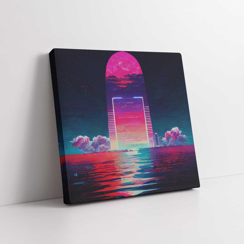 Neon Horizon Vaporwave Canvas Print | Canvas wall art print by Wall Nostalgia. Custom Canvas Prints, Made in Calgary, Canada | Large canvas prints, canvas wall art canada, canvas prints canada, canvas art canada, synthwave aestehetic, retrowave art, retrowave aesthetic, vaporwave art, vaporwave aesthetic, synthwave art