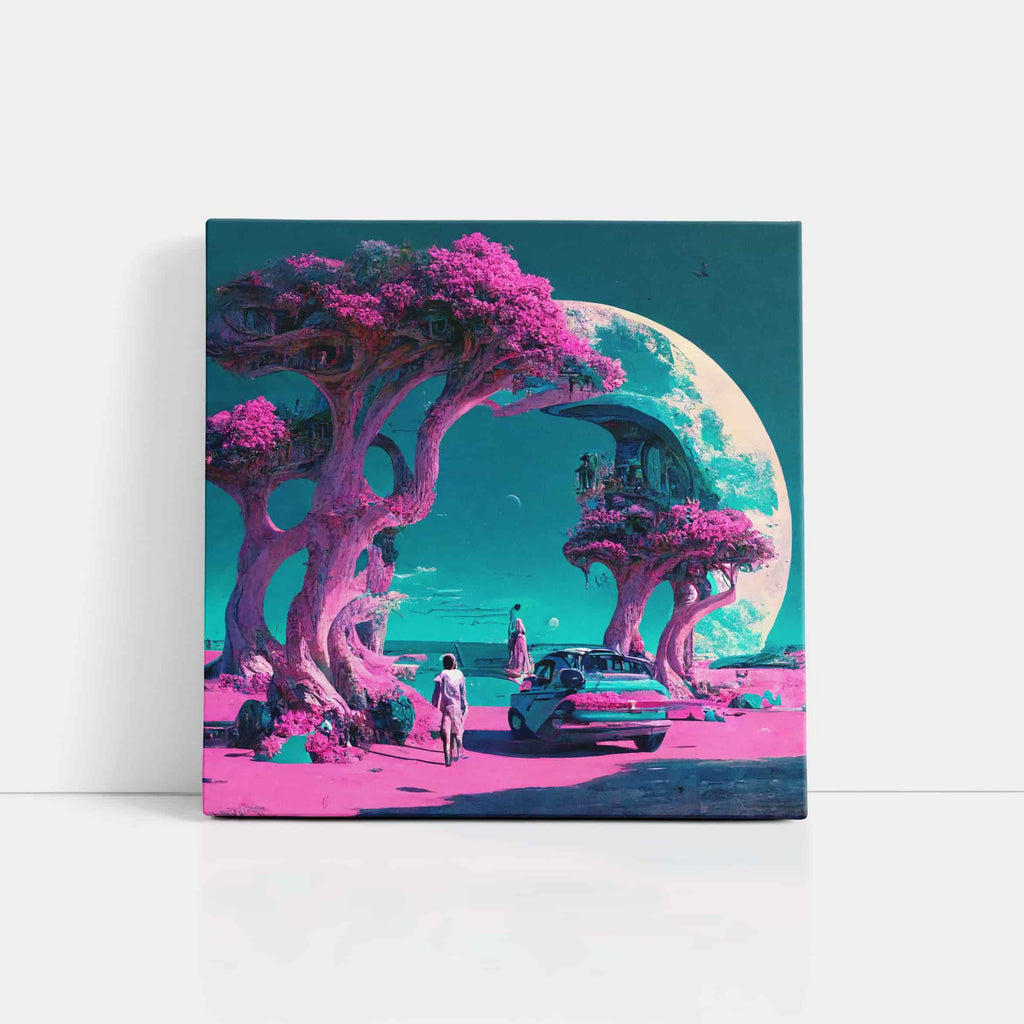 Sci Fi Synthwave Moon Square Canvas Art Print | Canvas wall art print by Wall Nostalgia. Custom Canvas Prints, Made in Calgary, Canada | Large canvas prints, canvas wall art canada, canvas prints canada, canvas art canada, synthwave aestehetic, retrowave art, retrowave aesthetic, vaporwave art, vaporwave aesthetic art