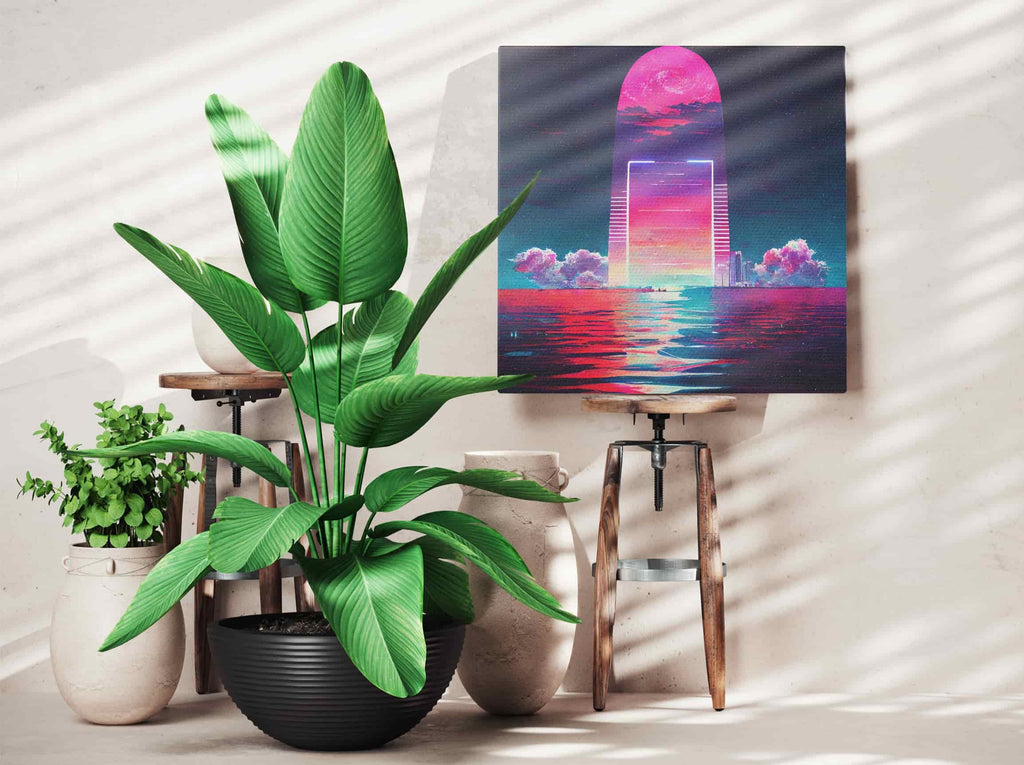 Neon Horizon Vaporwave Canvas Print | Canvas wall art print by Wall Nostalgia. Custom Canvas Prints, Made in Calgary, Canada | Large canvas prints, canvas wall art canada, canvas prints canada, canvas art canada, synthwave aestehetic, retrowave art, retrowave aesthetic, vaporwave art, vaporwave aesthetic, synthwave art