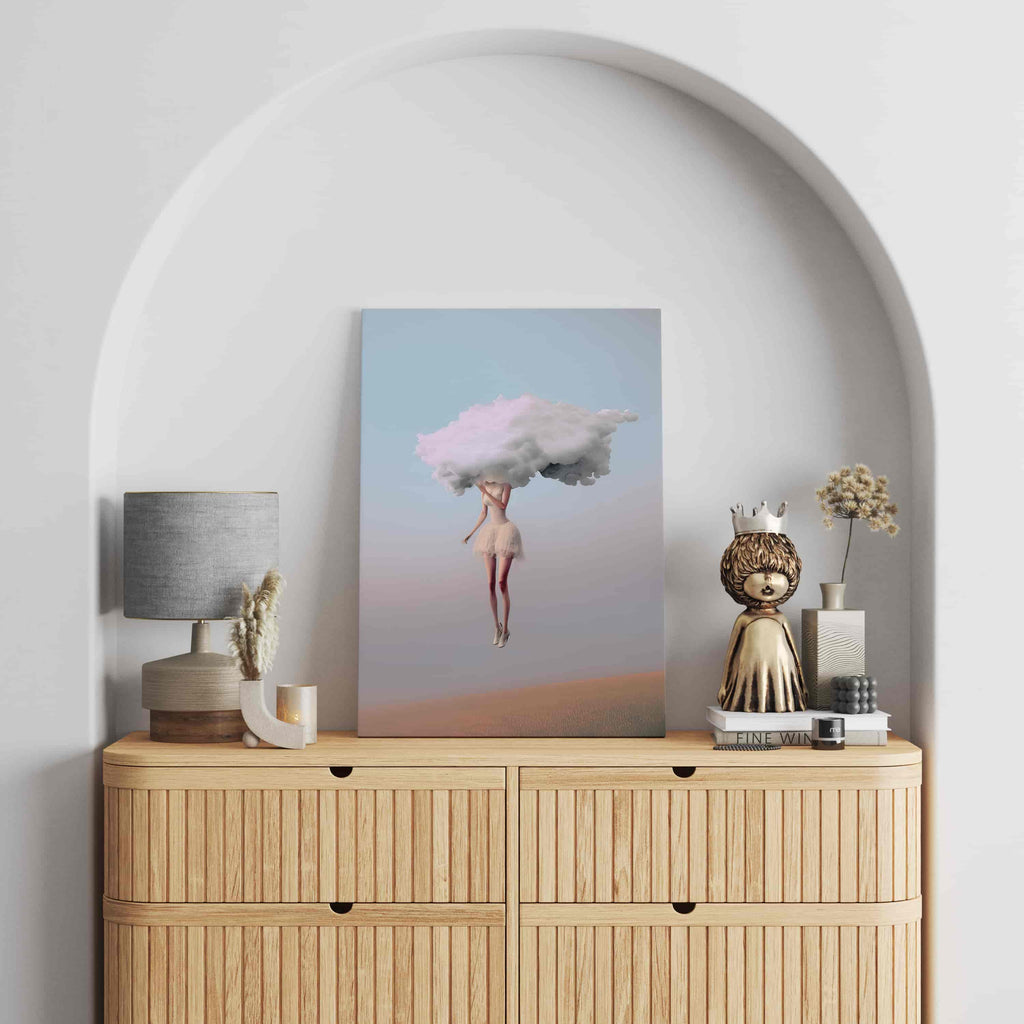 Head in the Clouds Canvas Print | Canvas wall art print by Wall Nostalgia. Custom Canvas Prints, Made in Calgary, Canada | Large canvas prints, framed canvas prints, Head in the Clouds Canvas Wall Art Print | Head in the Clouds Print, Feminine Wall Art, Surreal Art Print, Girly Wall Art, Trendy Wall Art, Surreal Art