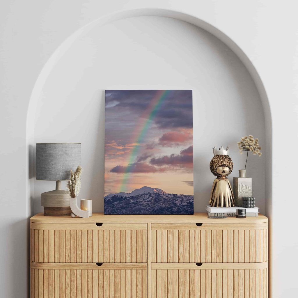 Mountain Rainbow Canvas Art Print | Canvas wall art print by Wall Nostalgia. Custom Canvas Prints, Made in Calgary, Canada | Large canvas prints, framed canvas prints, Rainbow Canvas Print, Mountain Landscape, Mountain Wall Art, Feminine Wall Art, Rainbow Mountain Print, Calm Wall Art Prints, Rainbow Print, Rainbow Art