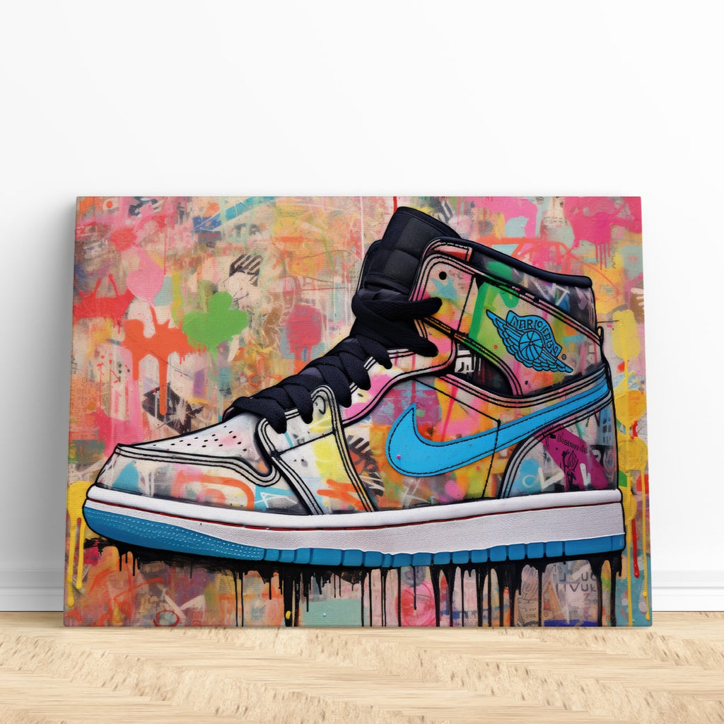 Graffiti Sneaker Canvas Print | Canvas wall art print by Wall Nostalgia. Custom Canvas Prints, Made in Calgary, Canada | Large canvas prints, canvas prints, graffiti wall art canvas, graffiti canvas art, sneaker canvas art, sneaker canvas painting, sneaker art prints, sneaker wall art, sneakerhead gifts, air jordans