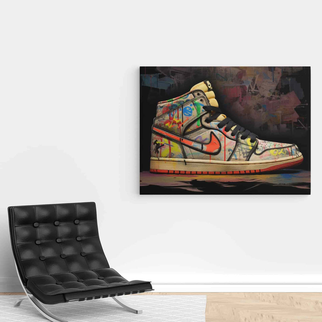 Graffiti Sneaker Canvas Print | Canvas wall art print by Wall Nostalgia. Custom Canvas Prints, Made in Calgary, Canada | Large canvas prints, canvas prints, graffiti wall art canvas, graffiti canvas art, sneaker canvas art, sneaker canvas painting, sneaker art prints, sneaker wall art, sneakerhead gifts, air jordans