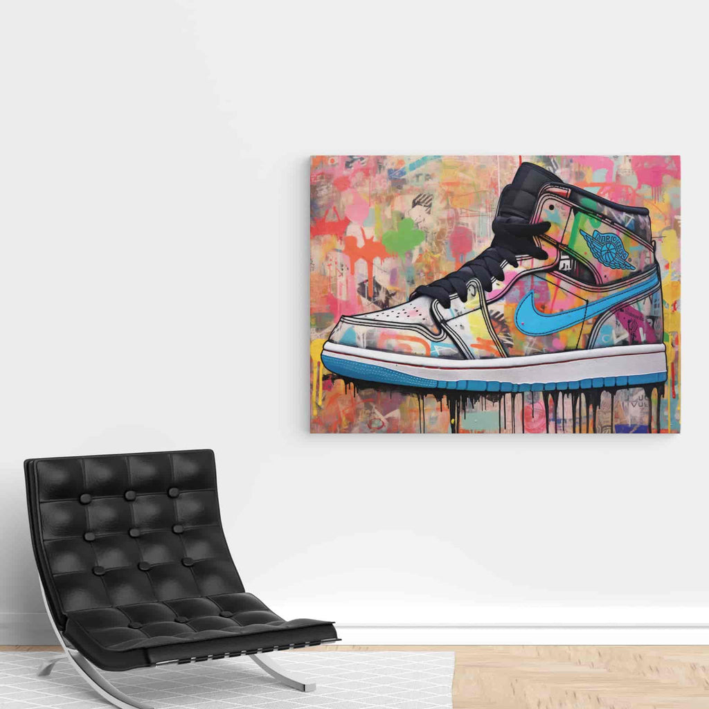 Graffiti Sneaker Canvas Print | Canvas wall art print by Wall Nostalgia. Custom Canvas Prints, Made in Calgary, Canada | Large canvas prints, canvas prints, graffiti wall art canvas, graffiti canvas art, sneaker canvas art, sneaker canvas painting, sneaker art prints, sneaker wall art, sneakerhead gifts, air jordans