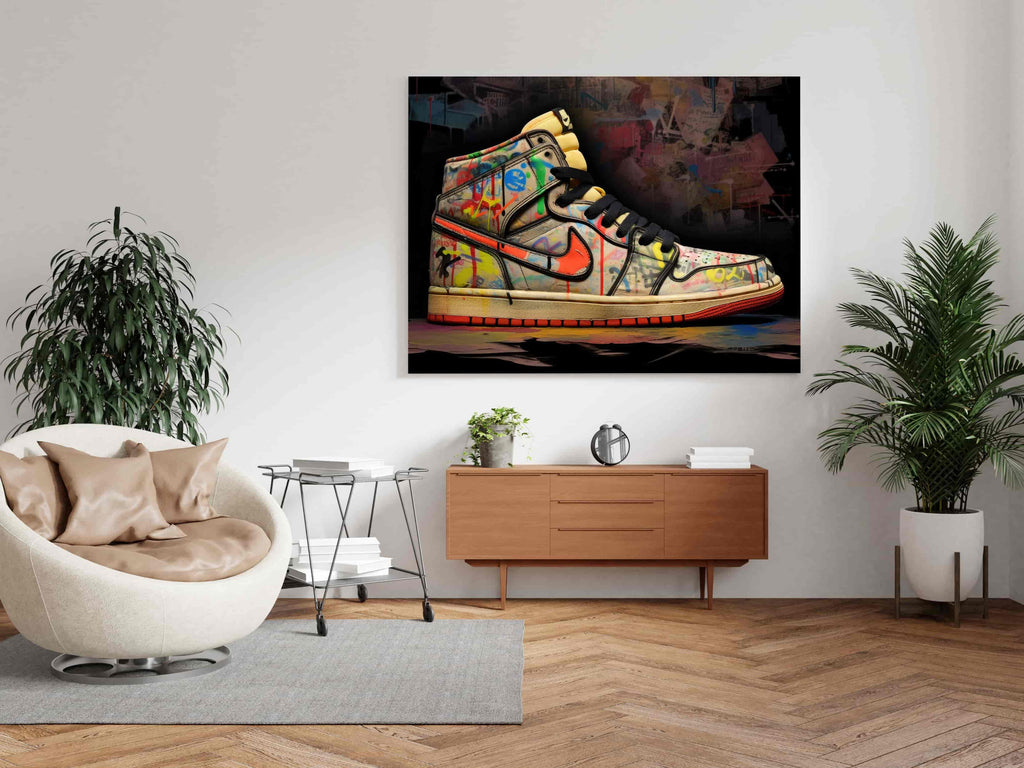 Graffiti Sneaker Canvas Print | Canvas wall art print by Wall Nostalgia. Custom Canvas Prints, Made in Calgary, Canada | Large canvas prints, canvas prints, graffiti wall art canvas, graffiti canvas art, sneaker canvas art, sneaker canvas painting, sneaker art prints, sneaker wall art, sneakerhead gifts, air jordans