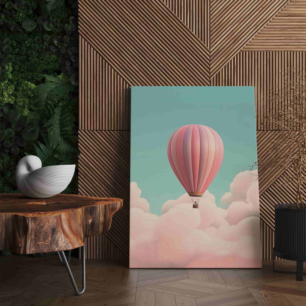 Floating Away Canvas Art Print | Canvas wall art print by Wall Nostalgia. Custom Canvas Prints, Made in Calgary, Canada, Large canvas prints, Kids Room Art Print, Kids Bedroom Wall Art, Hot air balloon art, Kids room wall art, playroom wall art, playroom art prints, kids bedroom decor, playroom decor, playroom wall art