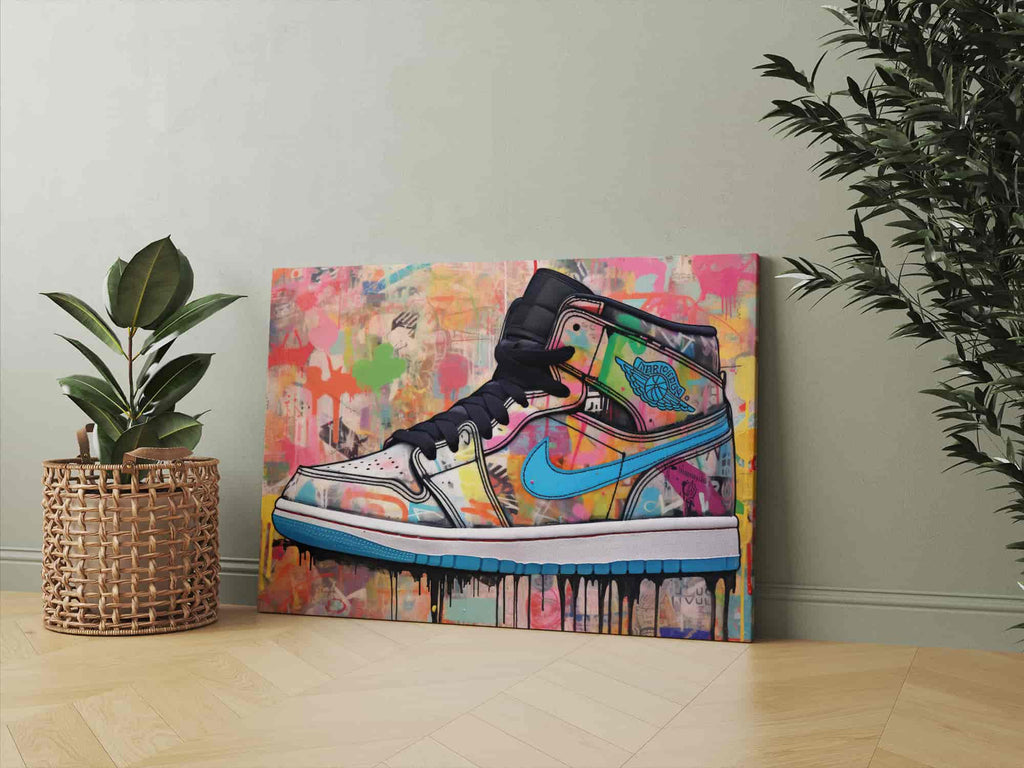 Graffiti Sneaker Canvas Print | Canvas wall art print by Wall Nostalgia. Custom Canvas Prints, Made in Calgary, Canada | Large canvas prints, canvas prints, graffiti wall art canvas, graffiti canvas art, sneaker canvas art, sneaker canvas painting, sneaker art prints, sneaker wall art, sneakerhead gifts, air jordans