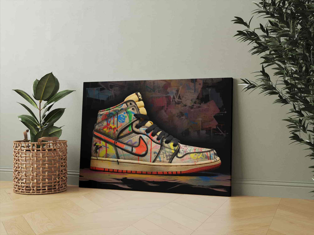 Graffiti Sneaker Canvas Print | Canvas wall art print by Wall Nostalgia. Custom Canvas Prints, Made in Calgary, Canada | Large canvas prints, canvas prints, graffiti wall art canvas, graffiti canvas art, sneaker canvas art, sneaker canvas painting, sneaker art prints, sneaker wall art, sneakerhead gifts, air jordans