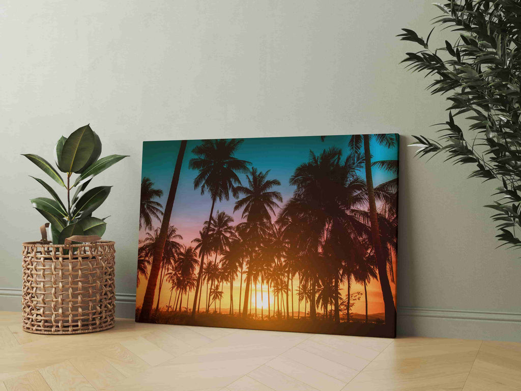 Sunset Palm Tree Print | Canvas wall art print by Wall Nostalgia. Custom Canvas Prints, Made in Calgary, Canada | Large canvas prints, framed canvas prints, wall art prints canada, canvas wall art canada, palm tree wall art prints, palm tree canvas art print, canvas prints canada, beach wall art, sunset wall art prints