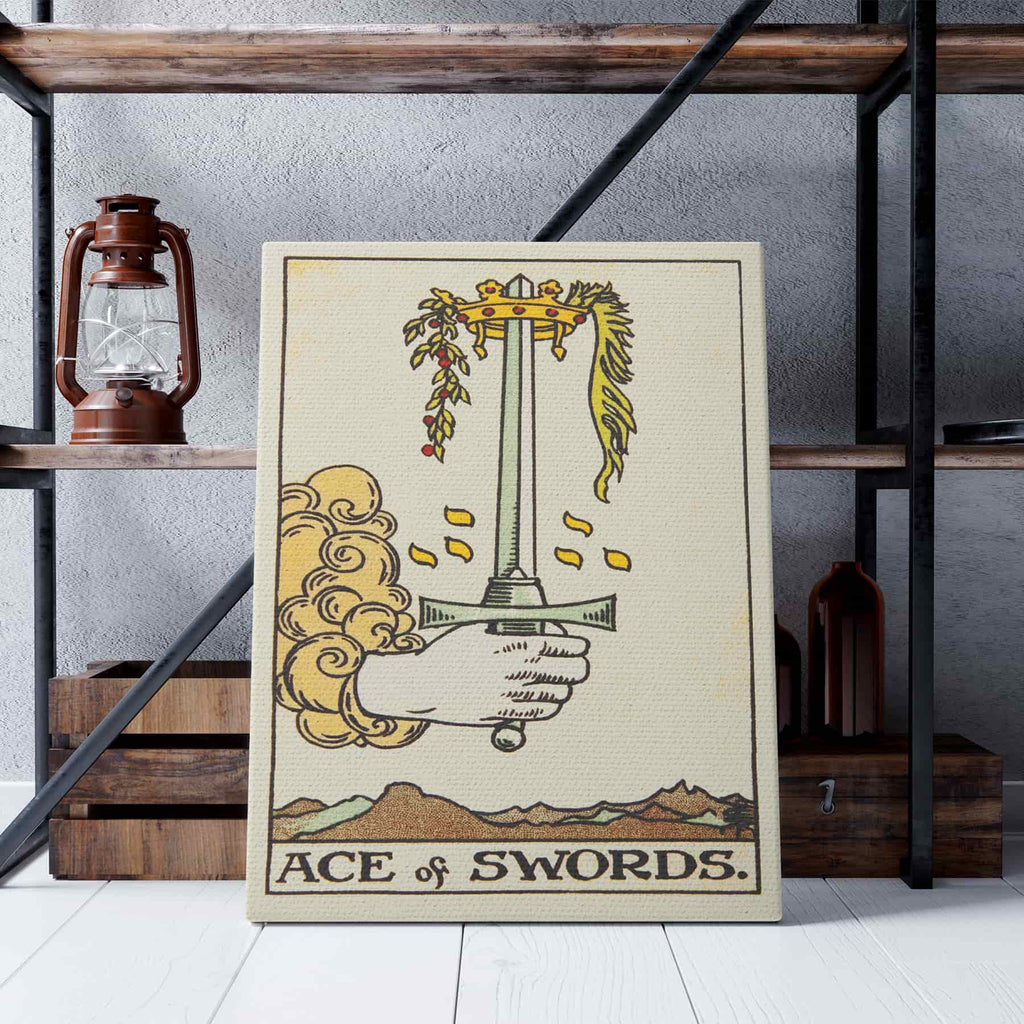 Ace of Swords Tarot Card Art Print | Canvas wall art print by Wall Nostalgia. Custom Canvas Prints, Made in Calgary, Canvas wall art canada, Tarot Cards Printing Canada, Tarot Card Art Prints, Tarot Card canvas art, tarot card art, Tarot Cards Canada, Tarot Card Pictures, canvas prints canada, Ace of Swords Tarot Card 