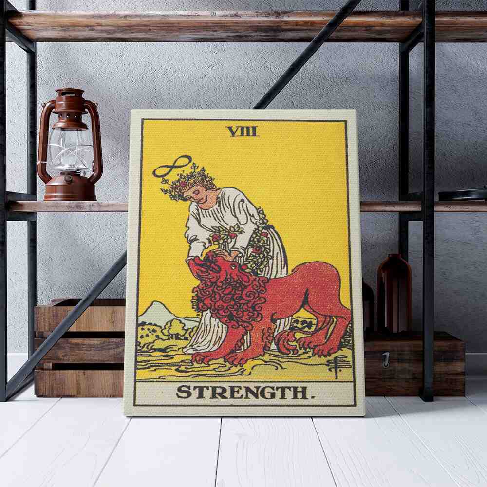 Strength Tarot Card Canvas Print | Canvas wall art prints by Wall Nostalgia. Custom canvas prints made in Calgary, canvas wall art canada, tarot cards printing Canada, strength tarot card art prints, tarot card canvas art, strength tarot card art, tarot cards canada, tarot card pictures, canvas prints Canada, wall art