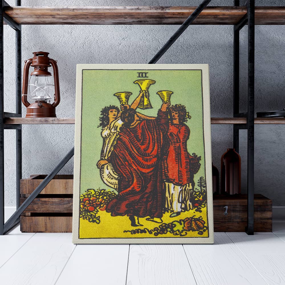 Three of Cups Tarot Card Canvas Print | Canvas wall art by Wall Nostalgia. Custom canvas prints made in Calgary, canvas wall art canada, tarot cards printing Canada, tarot card art prints, three of cups tarot card canvas art, three of cups tarot card art, tarot cards  canada, tarot card pictures, canvas art Canada