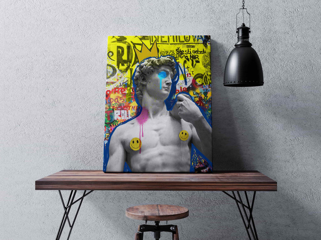 Graffiti David Statue Canvas Wall Art Print | Canvas wall art print by Wall Nostalgia. Custom Canvas Prints, Made in Calgary, Canada, Large canvas prints, framed canvas prints, Graffiti David Statue Canvas Print, Graffiti Art Print, Urban street art, Pop art statue wall art, Punk wall art, Greek Art, Pop punk art print