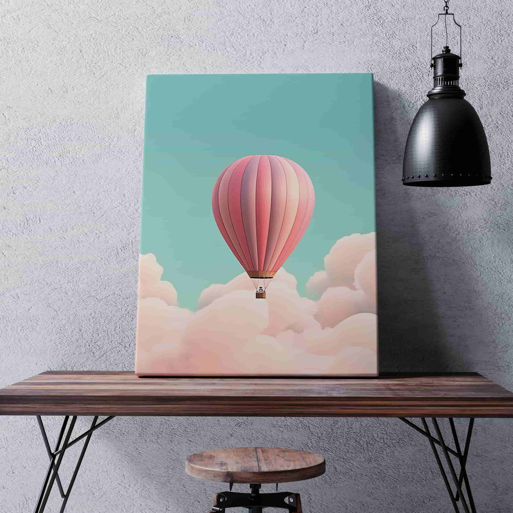 Floating Away Canvas Art Print | Canvas wall art print by Wall Nostalgia. Custom Canvas Prints, Made in Calgary, Canada, Large canvas prints, Kids Room Art Print, Kids Bedroom Wall Art, Hot air balloon art, Kids room wall art, playroom wall art, playroom art prints, kids bedroom decor, playroom decor, playroom wall art