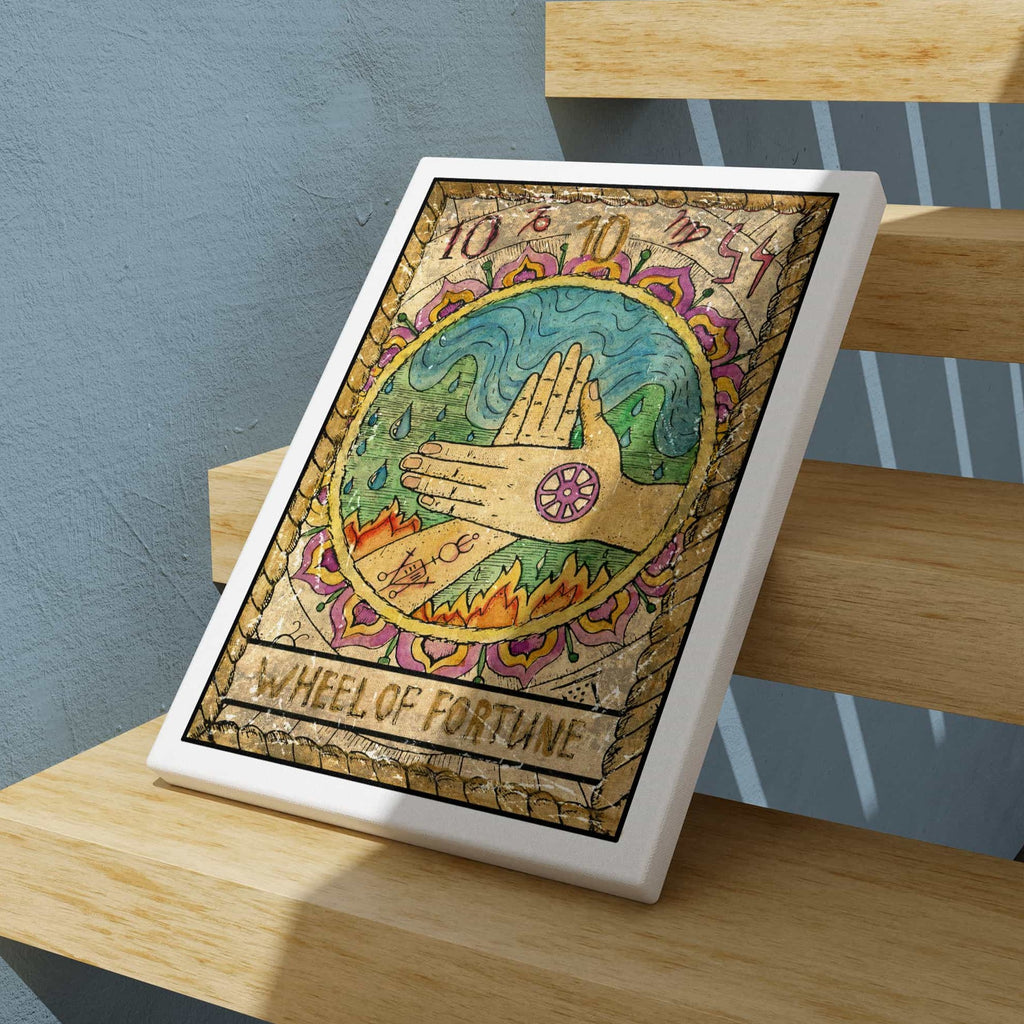 Wheel of Fortune Tarot Card Wall Art Print  | Canvas wall art print by Wall Nostalgia. Custom Canvas Prints, Made in Calgary, Canada | Large canvas prints, framed canvas prints, Wheel of Fortune Tarot Card Canvas Art Print | Tarot Card Print, Tarot Card Canvas, Tarot Card Wall Print, Wheel of Fortune Tarot Canvas Art