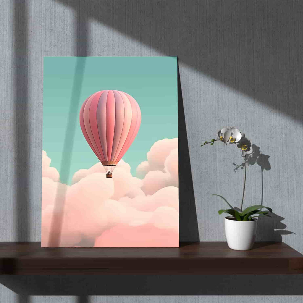 Floating Away Canvas Art Print | Canvas wall art print by Wall Nostalgia. Custom Canvas Prints, Made in Calgary, Canada, Large canvas prints, Kids Room Art Print, Kids Bedroom Wall Art, Hot air balloon art, Kids room wall art, playroom wall art, playroom art prints, kids bedroom decor, playroom decor, playroom wall art