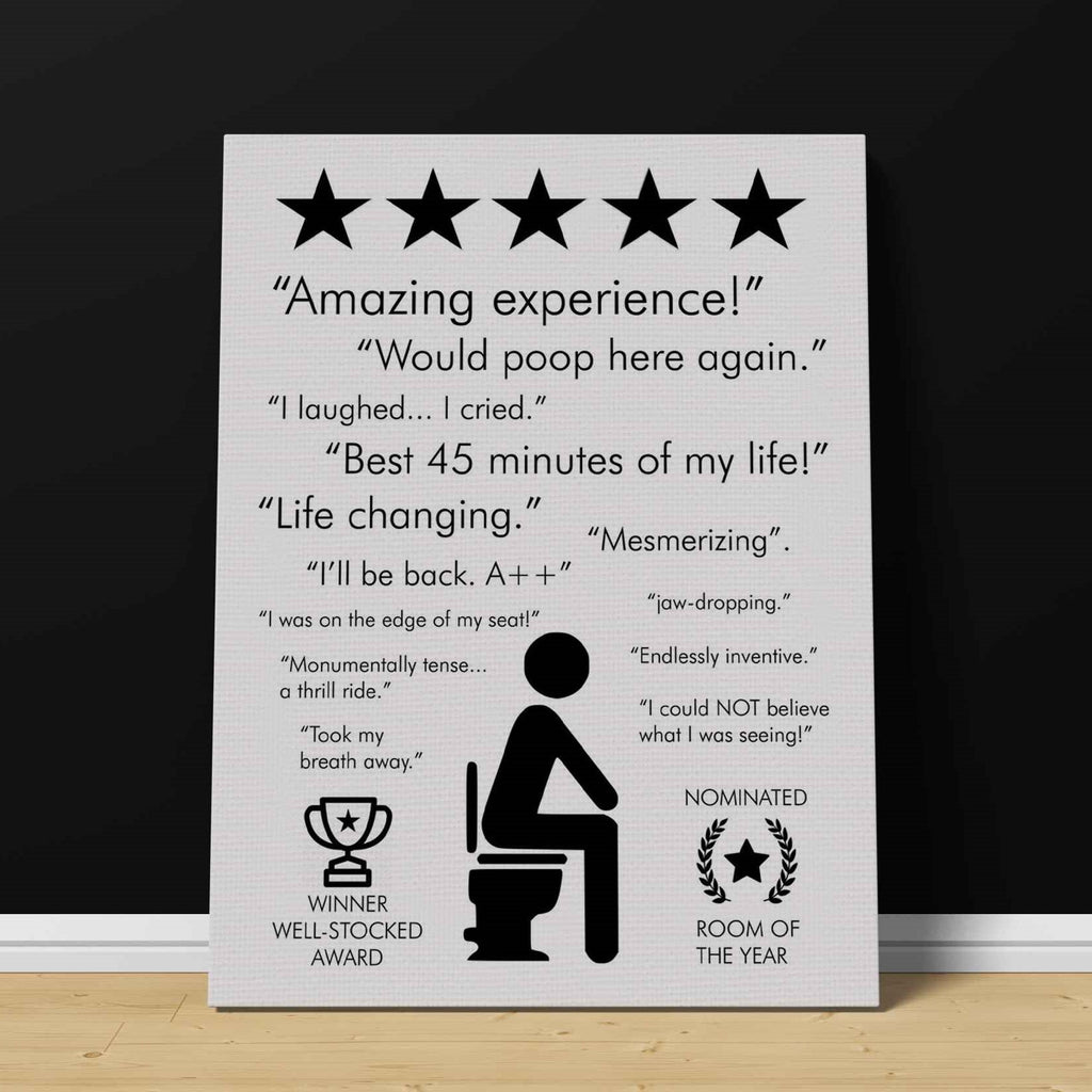 Bathroom Review Canvas Print | Canvas wall art print by Wall Nostalgia. Custom Canvas Prints, Made in Calgary, Canada | Large canvas print, framed canvas prints, bathroom review art print canada, bathroom review poster, bathroom review sign, bathroom art prints, bathroom art ideas, bathroom art, bathroom wall art print