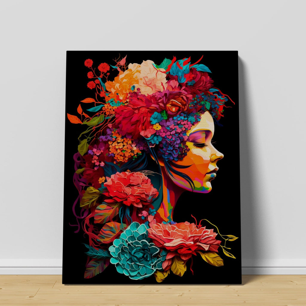 Flower Woman Print | Canvas wall art print by Wall Nostalgia. Custom Canvas Prints, Made in Calgary, Canada | Large canvas prints, framed canvas prints, Flower Woman Canvas Print | Feminine Wall Art, Girly Wall Art, Flower Head Art, Flower Head Woman, Flower Head Wall Art, Floral Art Print, Floral Head Print, Flowers