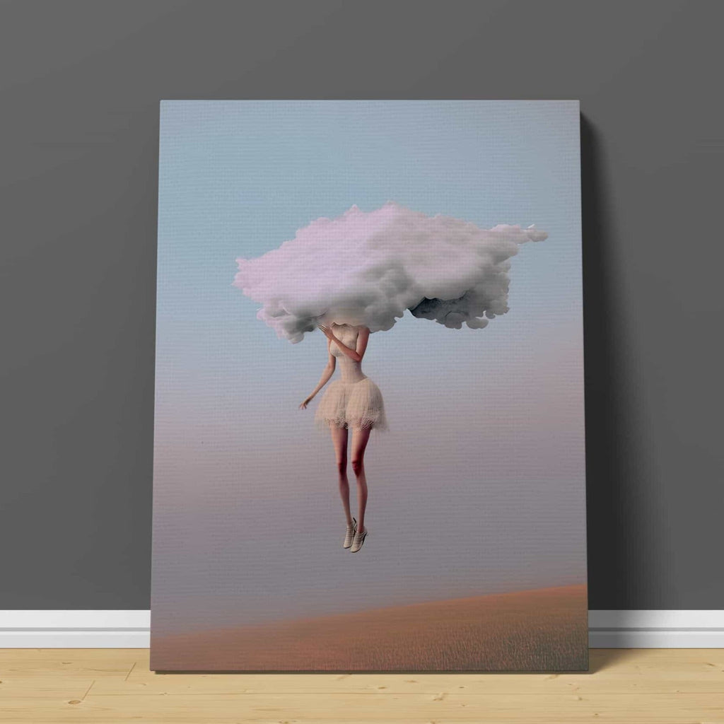 Head in the Clouds Canvas Print | Canvas wall art print by Wall Nostalgia. Custom Canvas Prints, Made in Calgary, Canada | Large canvas prints, framed canvas prints, Head in the Clouds Canvas Wall Art Print | Head in the Clouds Print, Feminine Wall Art, Surreal Art Print, Girly Wall Art, Trendy Wall Art, Surreal Art