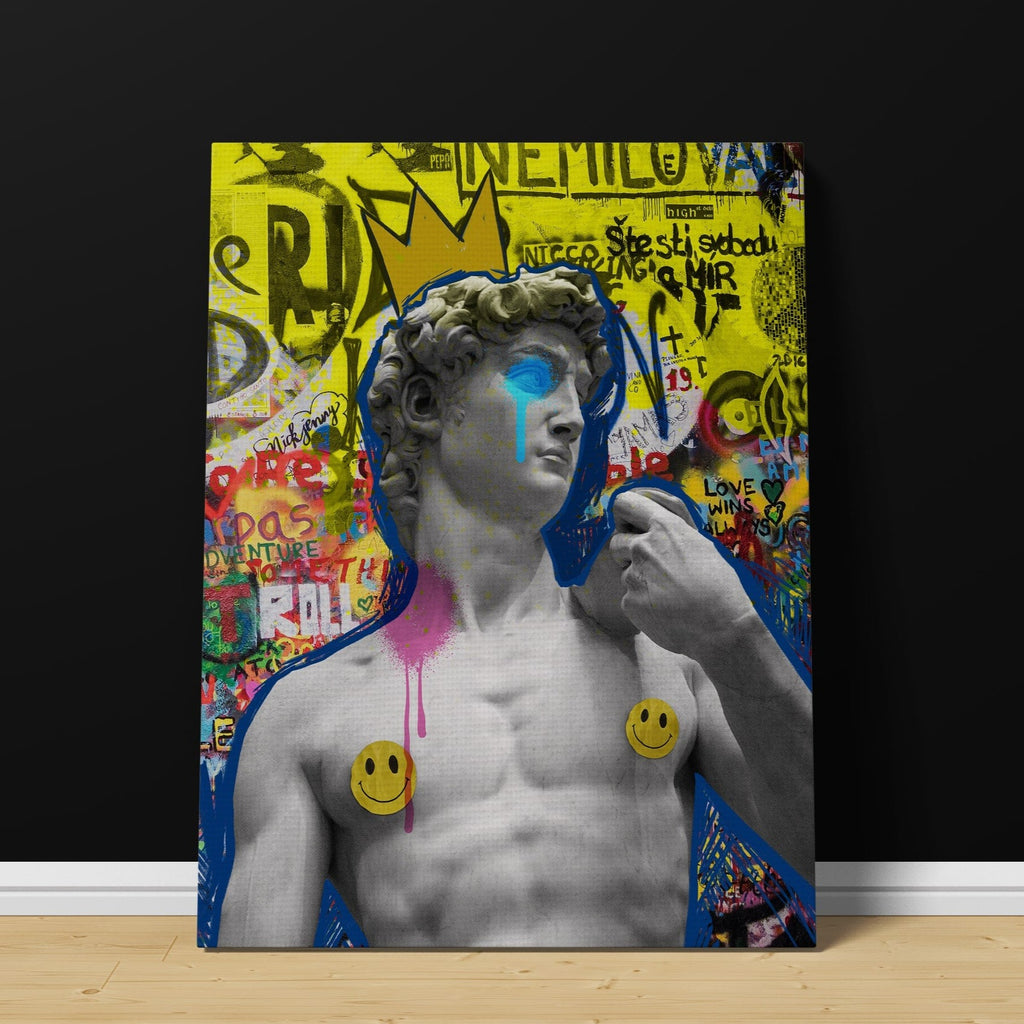 Graffiti David Statue Canvas Wall Art Print | Canvas wall art print by Wall Nostalgia. Custom Canvas Prints, Made in Calgary, Canada, Large canvas prints, framed canvas prints, Graffiti David Statue Canvas Print, Graffiti Art Print, Urban street art, Pop art statue wall art, Punk wall art, Greek Art, Pop punk art print