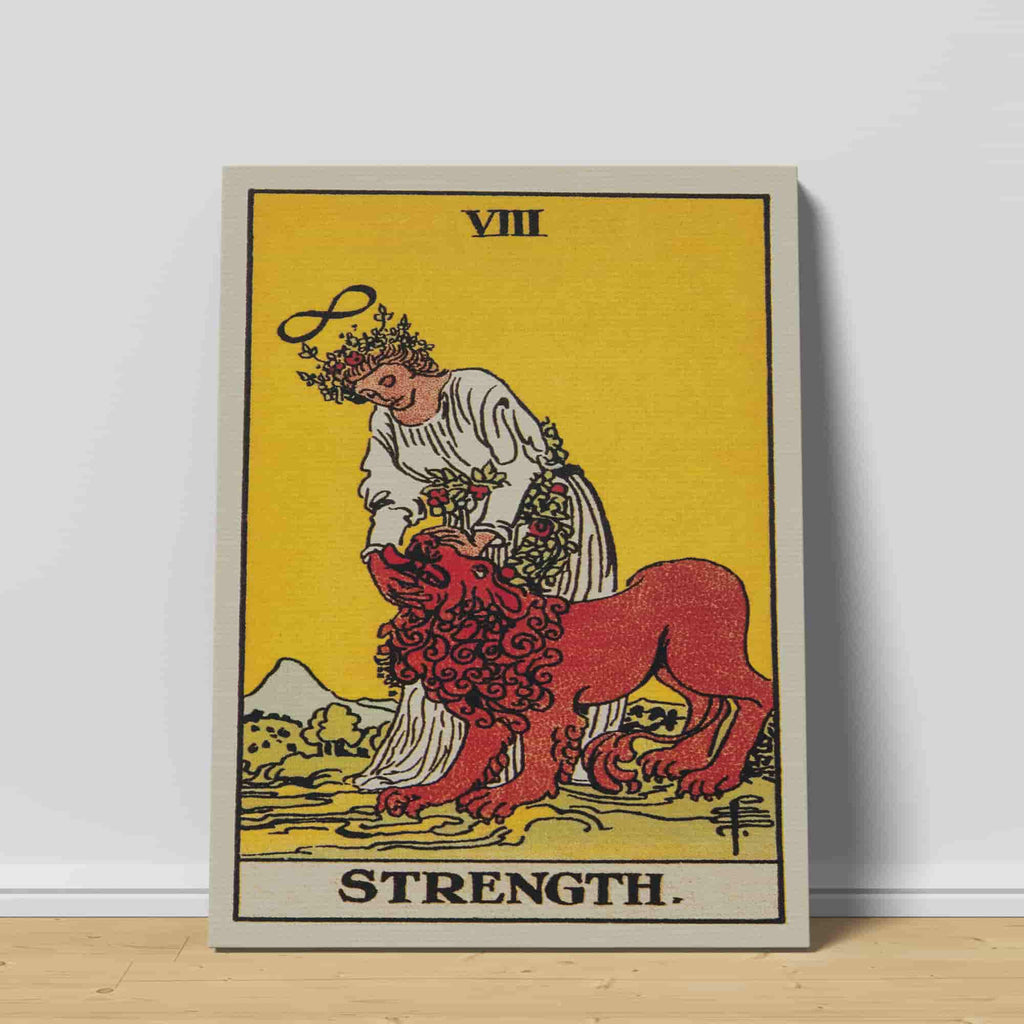 Strength Tarot Card Canvas Print | Canvas wall art prints by Wall Nostalgia. Custom canvas prints made in Calgary, canvas wall art canada, tarot cards printing Canada, strength tarot card art prints, tarot card canvas art, strength tarot card art, tarot cards canada, tarot card pictures, canvas prints Canada, wall art