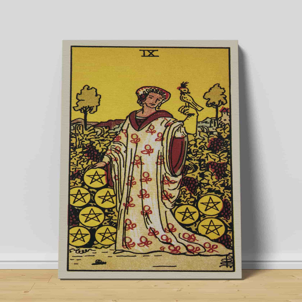 Nine of Pentacles Tarot Card Art Print | Canvas wall art print by Wall Nostalgia. Custom Canvas Prints, Made in Calgary, Canvas wall art canada, Tarot Cards Printing Canada, Tarot Card Art Prints, Tarot Card canvas art, Nine of Pentacles tarot card art, Tarot Cards Canada, Tarot Card Pictures, canvas prints Canada