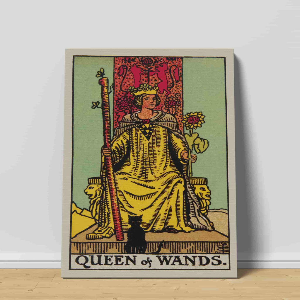 Queen of Wands Tarot Card Canvas Print | Canvas wall art print by Wall Nostalgia. Custom Canvas Prints, Made in Calgary, Canvas wall art canada, Tarot Cards Printing Canada, Tarot Card Art Prints, Tarot Card canvas art, queen of wands tarot card art, Tarot Cards Canada, Tarot Card Pictures, canvas prints Canada