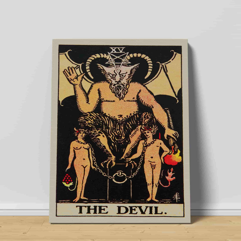 The Devil Tarot Card Canvas Print | Canvas wall art prints by Wall Nostalgia. Custom canvas prints made in Calgary, canvas wall art canada, tarot cards printing Canada, the devil tarot card art prints, tarot card canvas art, devil tarot card art, tarot cards canada, tarot card pictures, canvas prints Canada, tarot deck