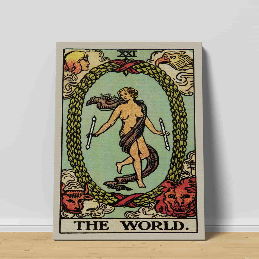 The World Tarot Card Canvas Print | Canvas wall art prints by Wall Nostalgia. Custom canvas prints made in Calgary, canvas wall art canada, tarot cards printing Canada, the world tarot card art prints, world tarot card canvas art, the world tarot card art, tarot cards canada, tarot card pictures, canvas prints Canada