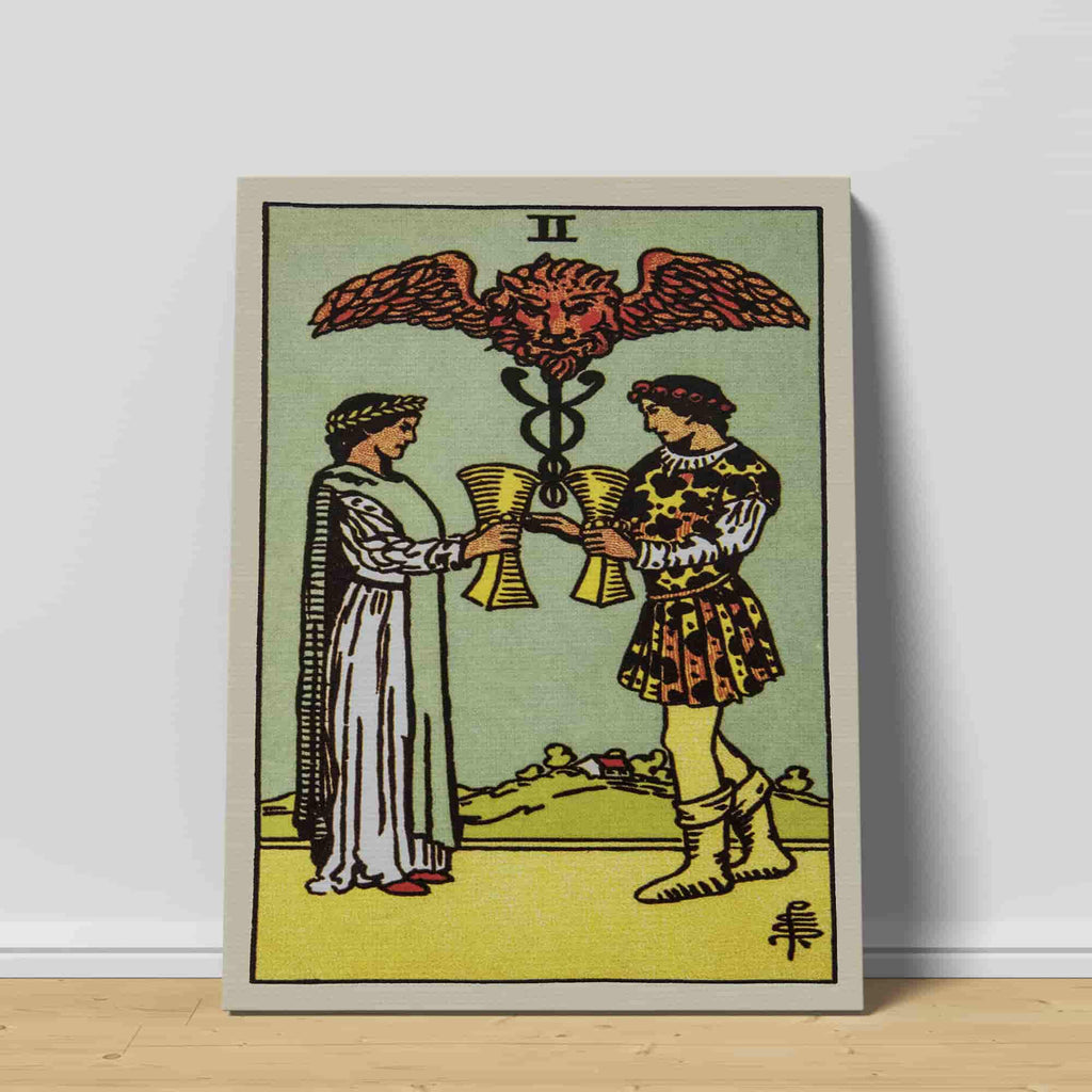 Two of Cups Tarot Card Canvas Print | Canvas wall art prints by Wall Nostalgia. Custom canvas prints made in Calgary, canvas wall art canada, tarot cards printing Canada, tarot card art prints, two of cups tarot card canvas art, two of cups tarot card art, tarot cards canada, tarot card pictures, canvas prints Canada