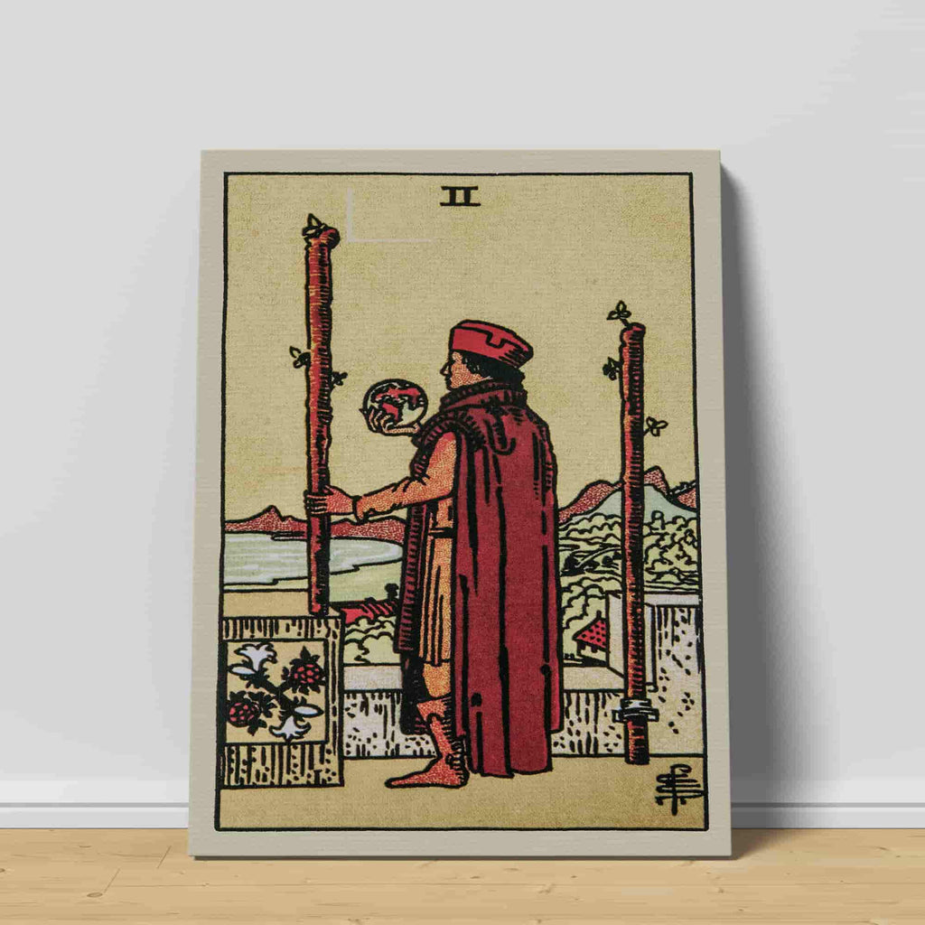 Two of Wands Tarot Card Canvas Print | Canvas wall art prints by Wall Nostalgia. Custom canvas print made in Calgary, canvas wall art canada, tarot cards printing Canada, tarot card art prints, two of wands tarot card canvas art, two of wands tarot card art, tarot cards canada, tarot card pictures, canvas prints Canada